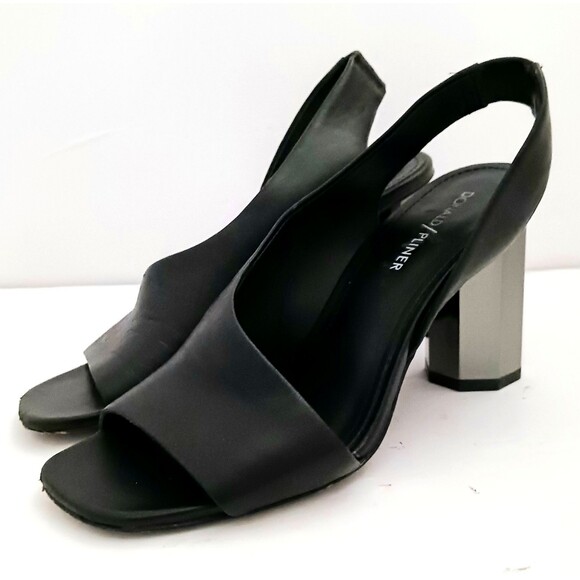 Donald Pliner Ella Blk Leather Metallic Smoke Hex Column Heel Sandal 7M Dustbag - Picture 1 of 13